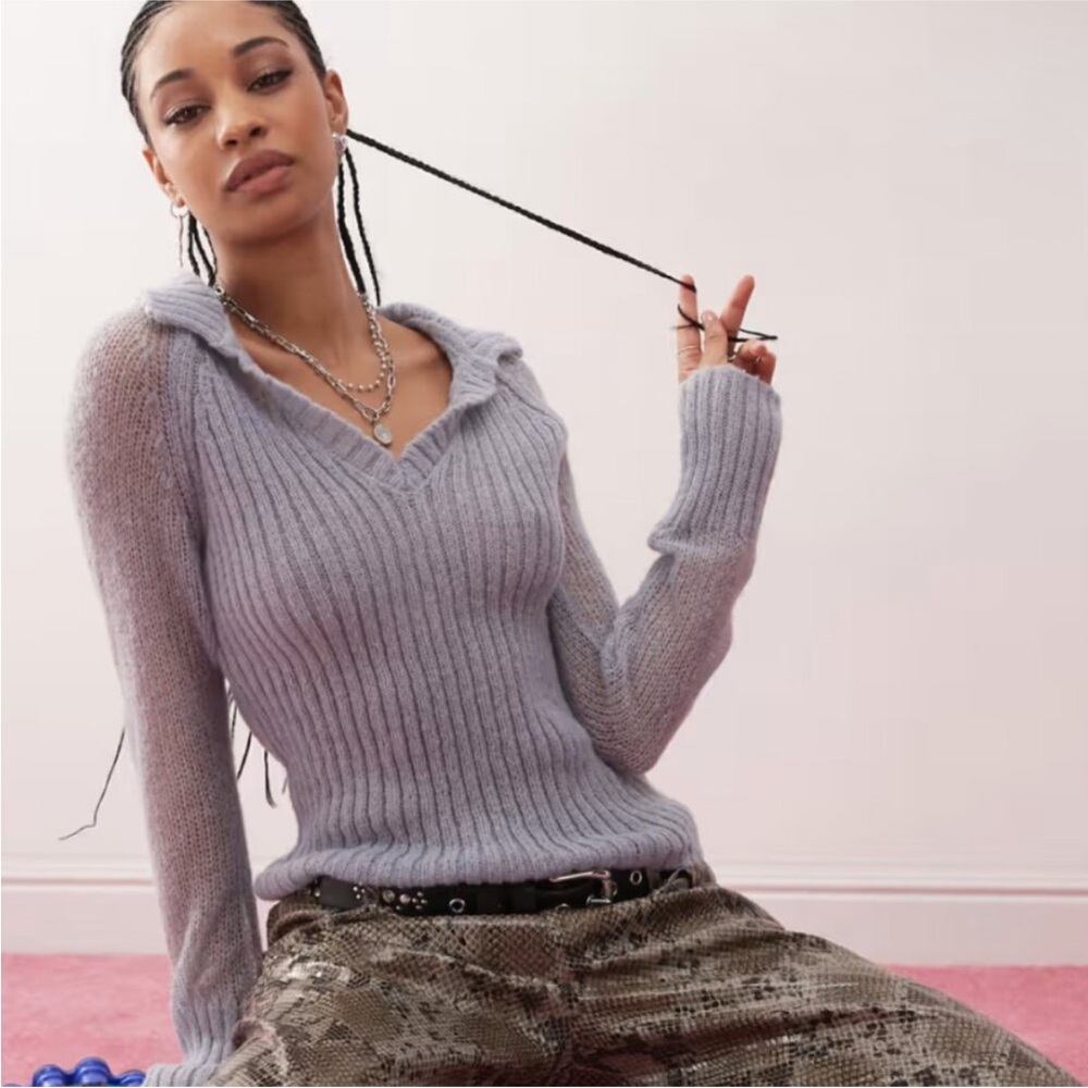 NWOT Collusion Lightweight Ribbed Knit Top Powder Blue Stretch Sweater Size 4 6